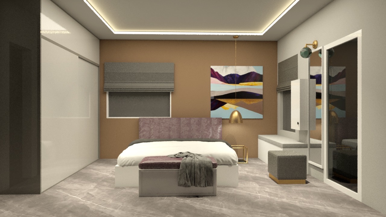 Warm taupe bedroom with pendant lighting by Humming House